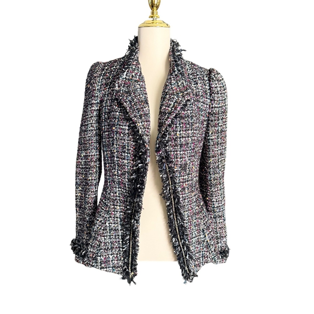McGinn Nordstrom Metallic Tweed Fringe Asymmetrical Blazer Jacket Womens 4 - Picture 2 of 16